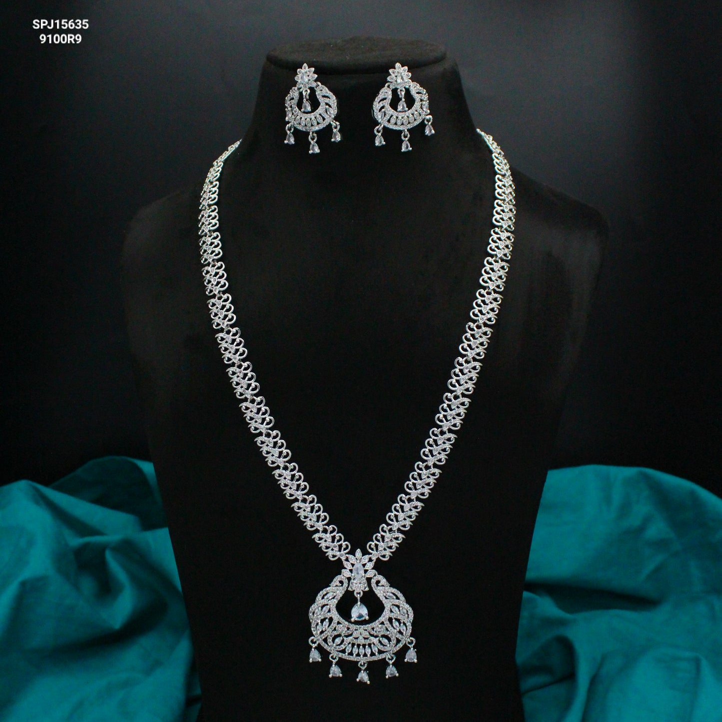 15635 Platinum Full White Long Necklace Set With Push Back Earrings