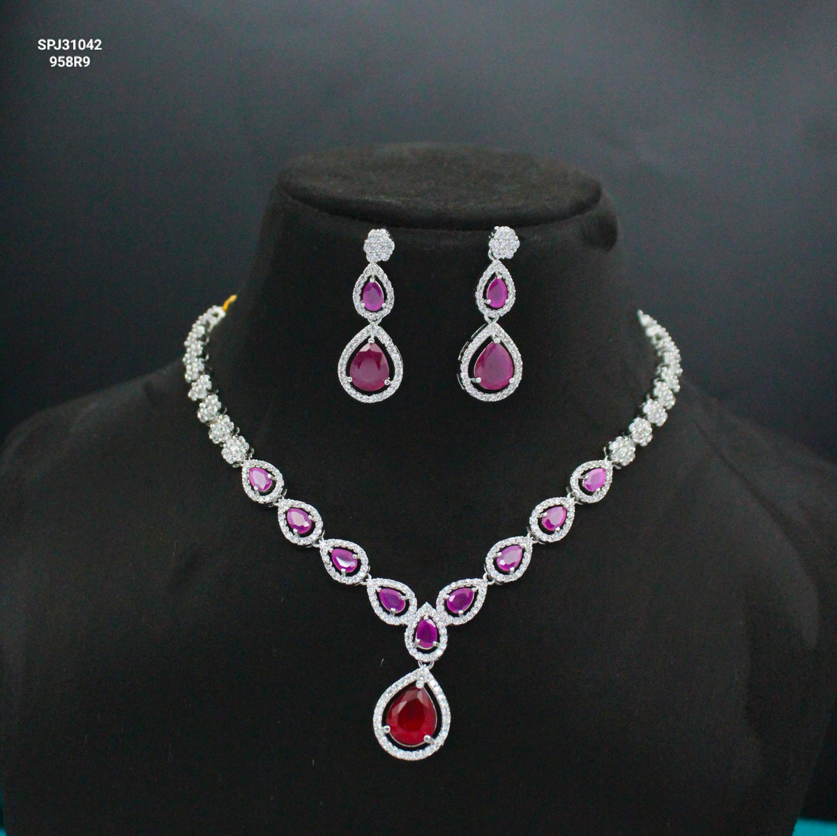 Platinum Short Dark Pink Necklace Set With Push Back Earrings 31042