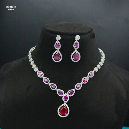 Platinum Short Dark Pink Necklace Set With Push Back Earrings 31042