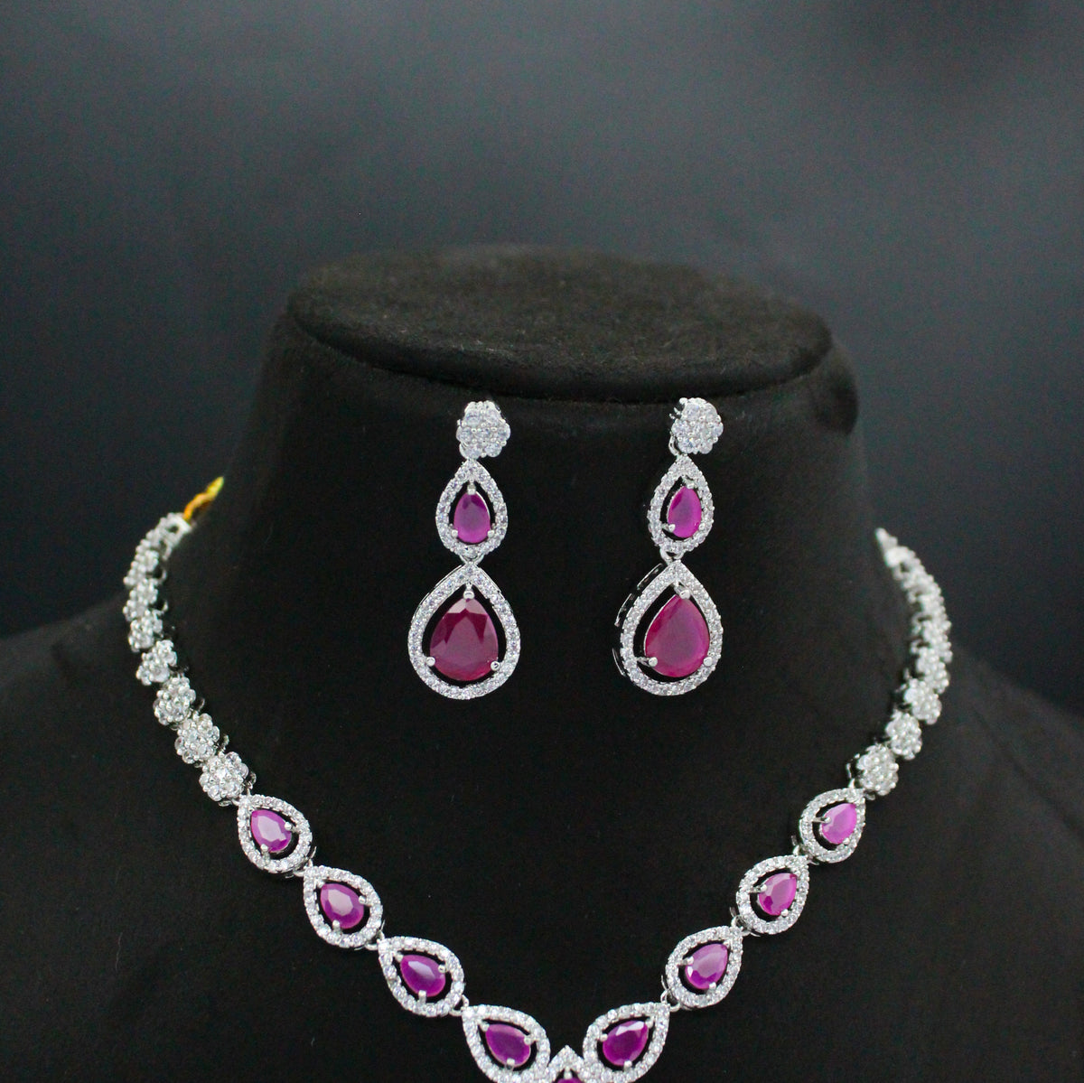Platinum Short Dark Pink Necklace Set With Push Back Earrings 31042