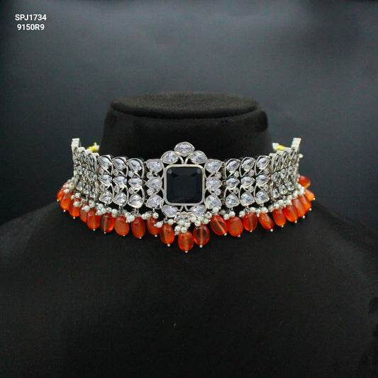 Platinum Dark Blue Stone Choker With Orange Beads and Push Back Earrings 1734