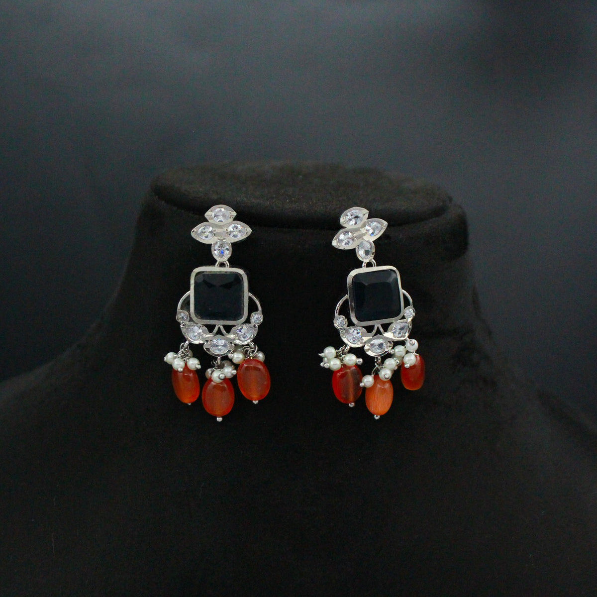 Platinum Dark Blue Stone Choker With Orange Beads and Push Back Earrings 1734