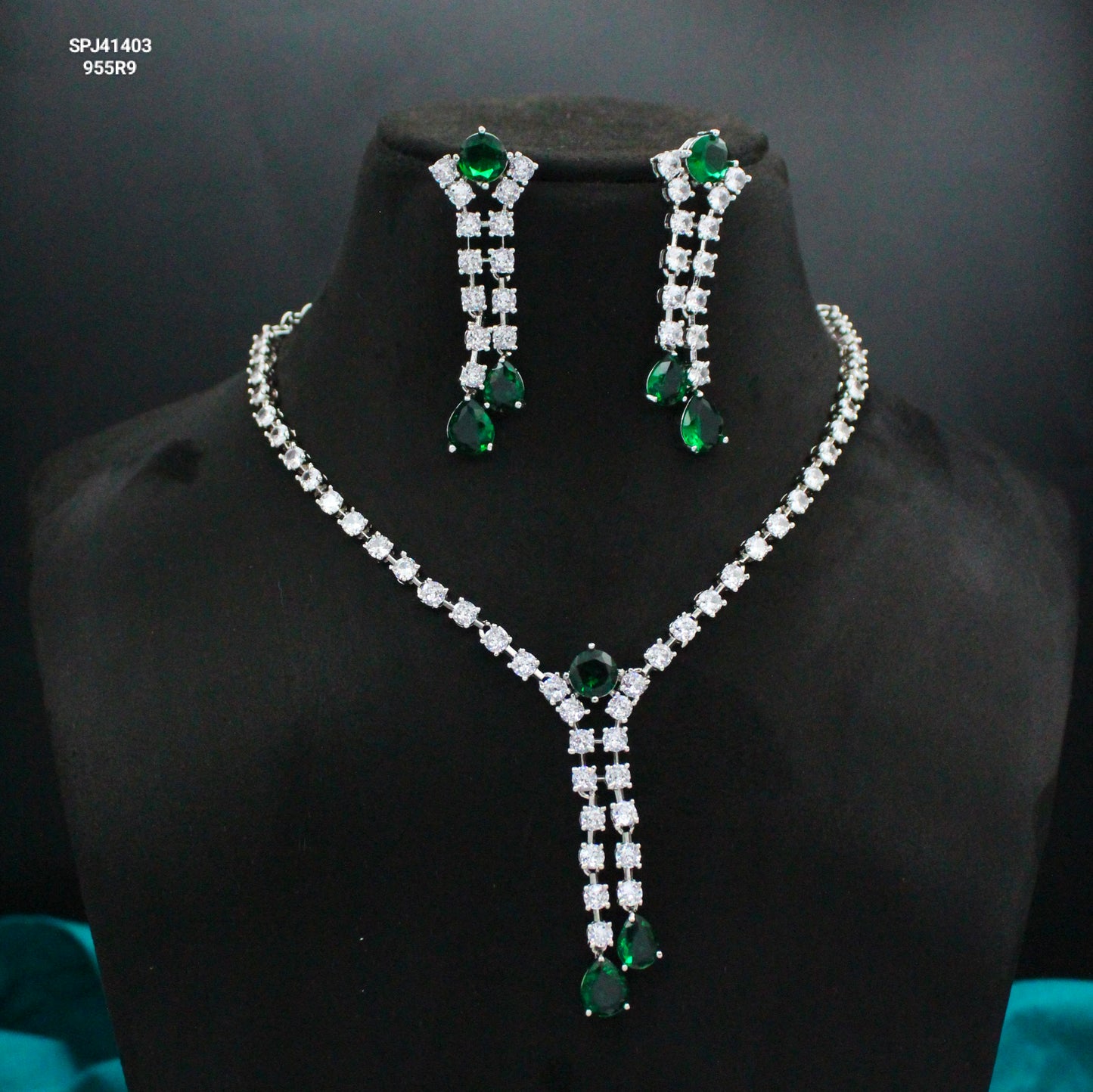 Platinum Short Fancy Drop Necklace Set Dark Green With Push Back Earrings 41403