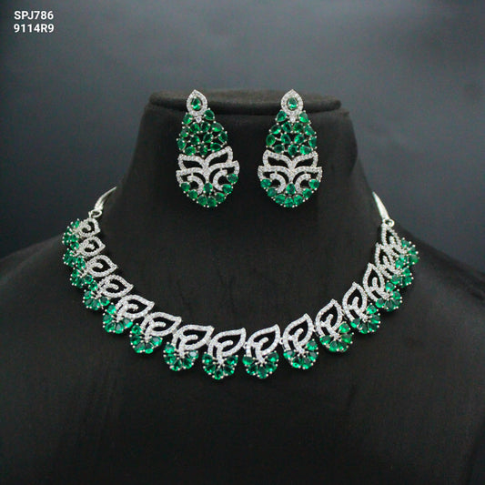 Platinum Short Green Necklace Set With Push Back Earrings  786