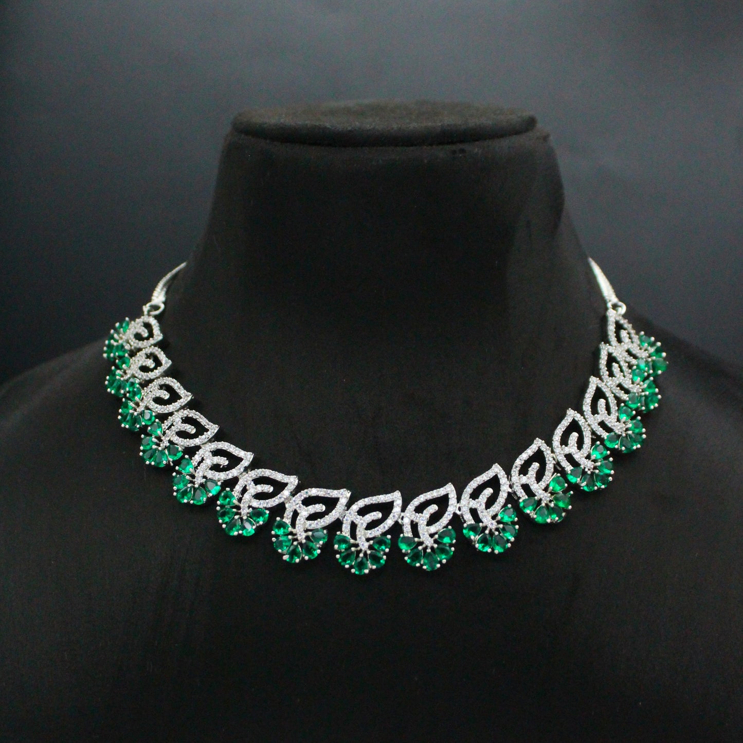 Platinum Short Green Necklace Set With Push Back Earrings  786