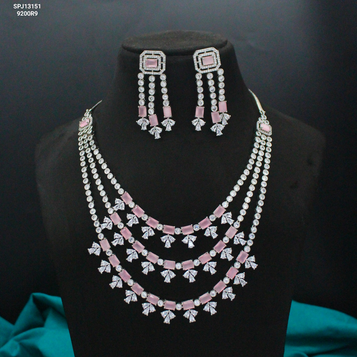 Platinum Mint Pink 3-Layer Necklace Set with Pushback Earrings SP-13151