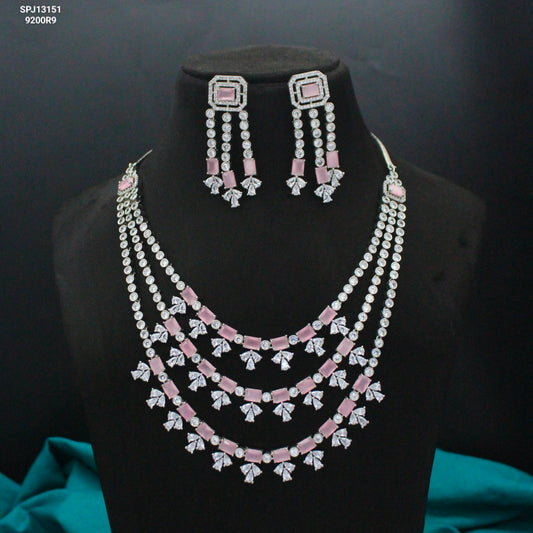 Platinum Mint Pink 3-Layer Necklace Set with Pushback Earrings SP-13151