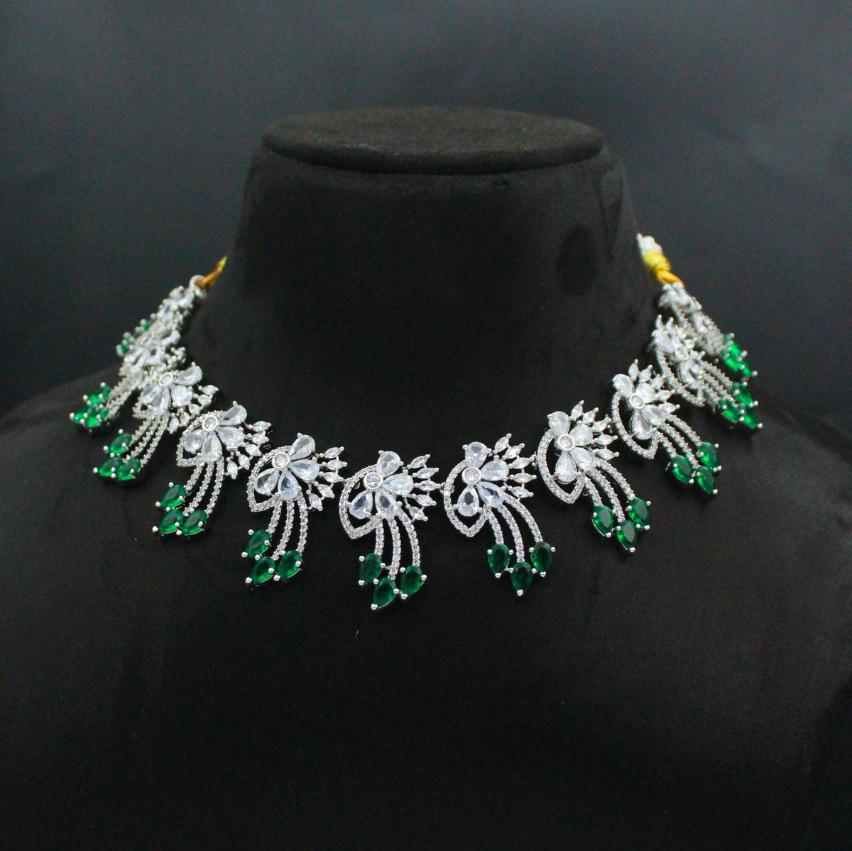 Platinum Green Stone Short Necklace Set with Pushback Earrings SP-21924