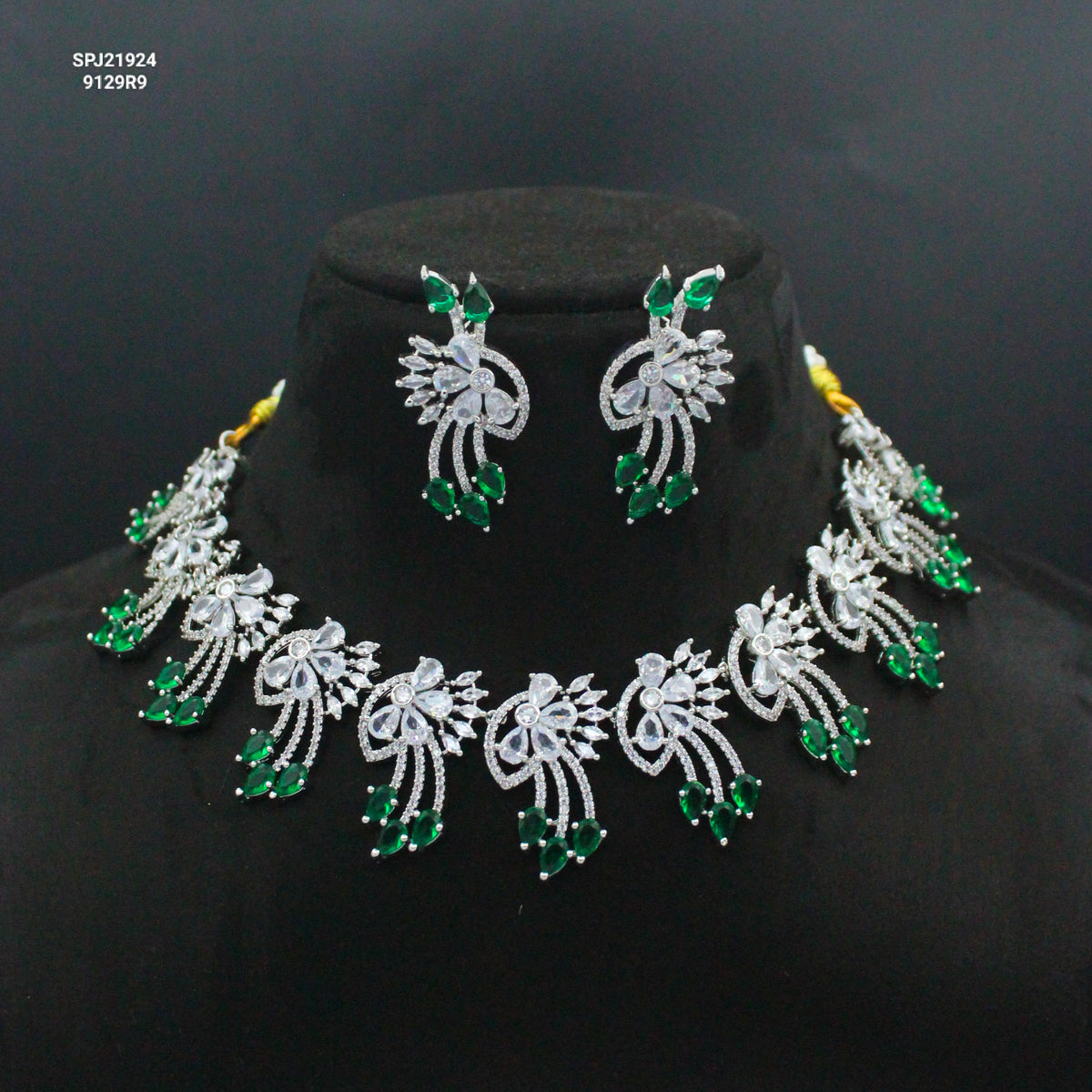 Platinum Green Stone Short Necklace Set with Pushback Earrings SP-21924