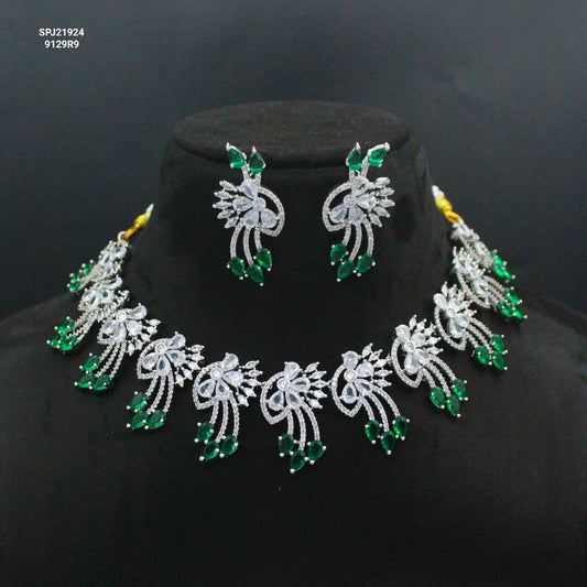 Platinum Green Stone Short Necklace Set with Pushback Earrings SP-21924