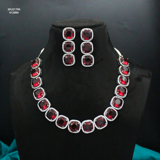 Platinum Red Stone Short Necklace Set with Pushback Earrings SP-21799