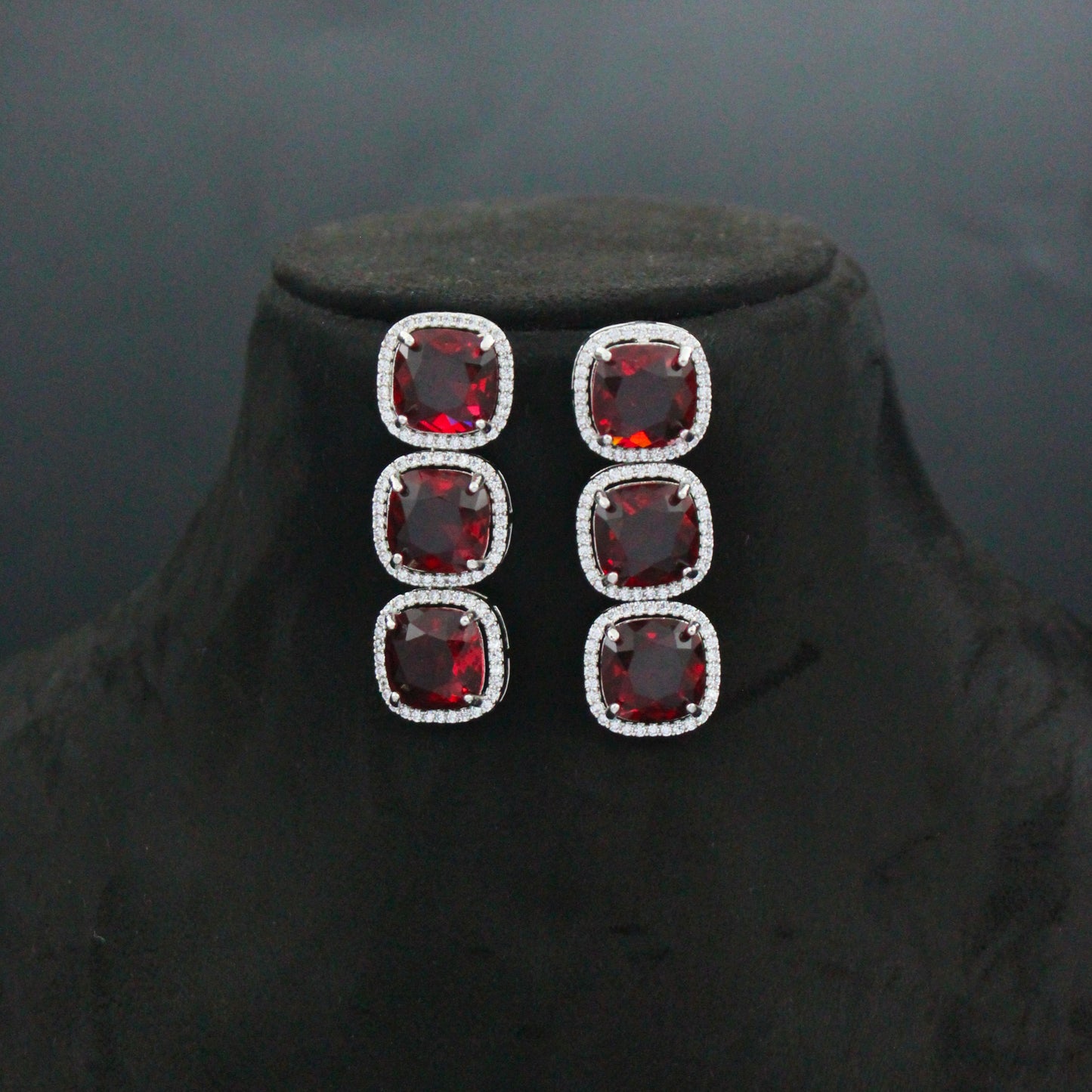 Platinum Red Stone Short Necklace Set with Pushback Earrings SP-21799
