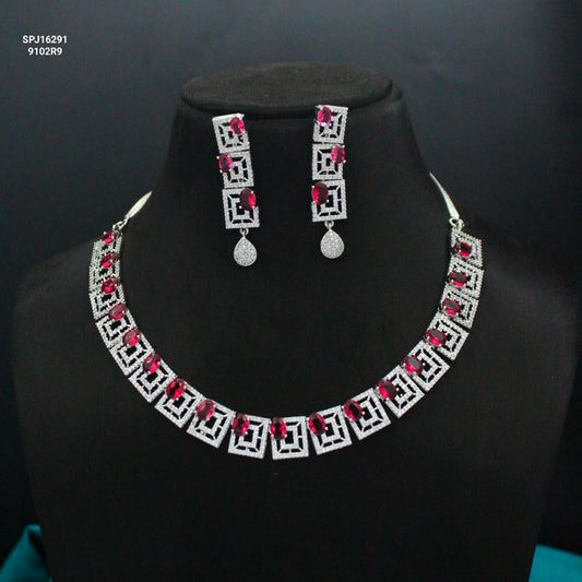 Platinum Red Square Stone Necklace Set SP-16291