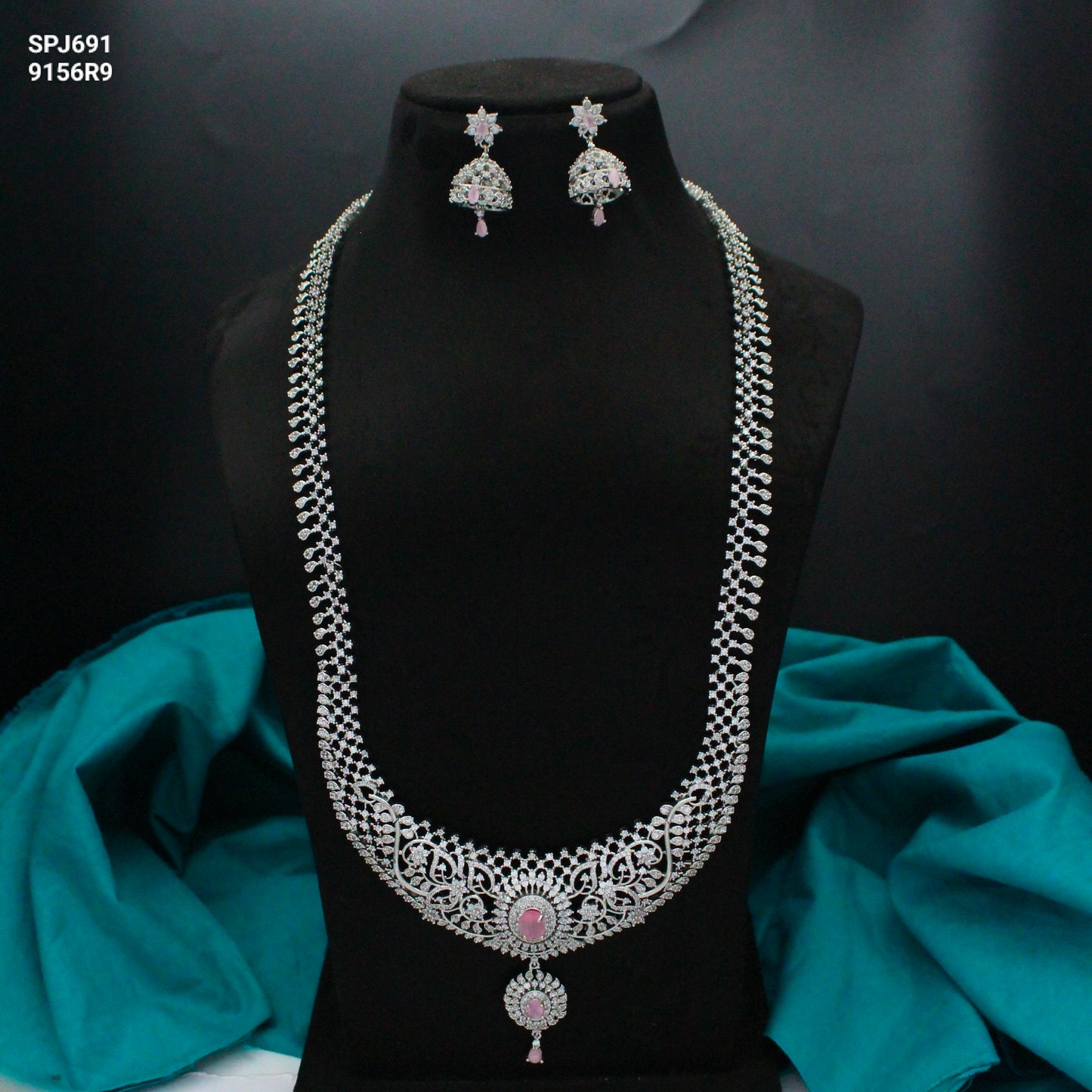 Pink Platinum Long Necklace Set With Push Back Jhumkis 691