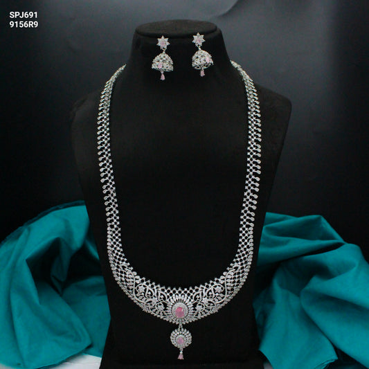 Pink Platinum Long Necklace Set With Push Back Jhumkis 691