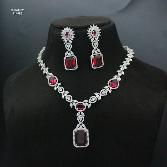 Platinum Dark Ruby Fancy Short Necklace Set With Push Back Earrings 28932