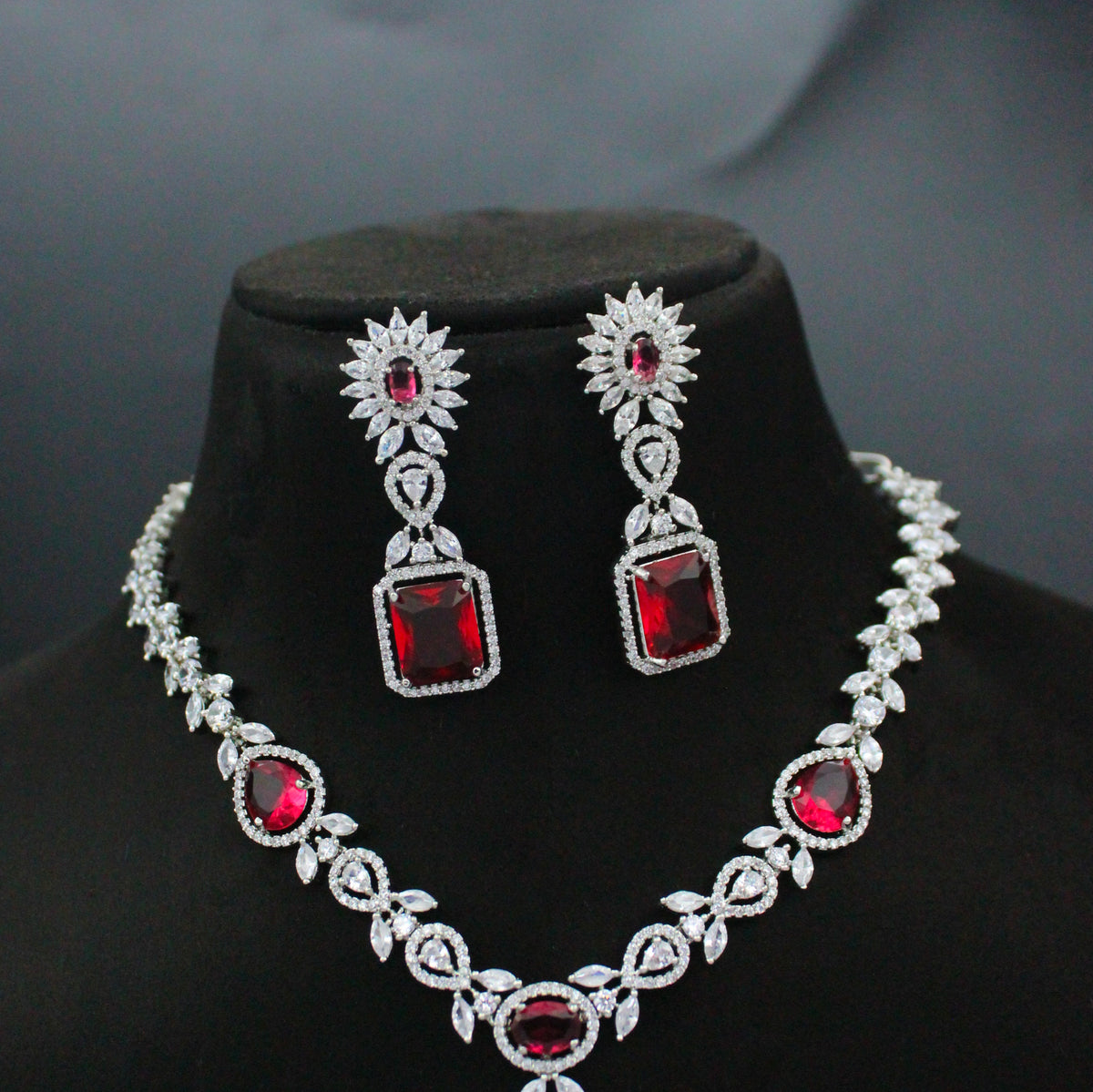 Platinum Dark Ruby Fancy Short Necklace Set With Push Back Earrings 28932