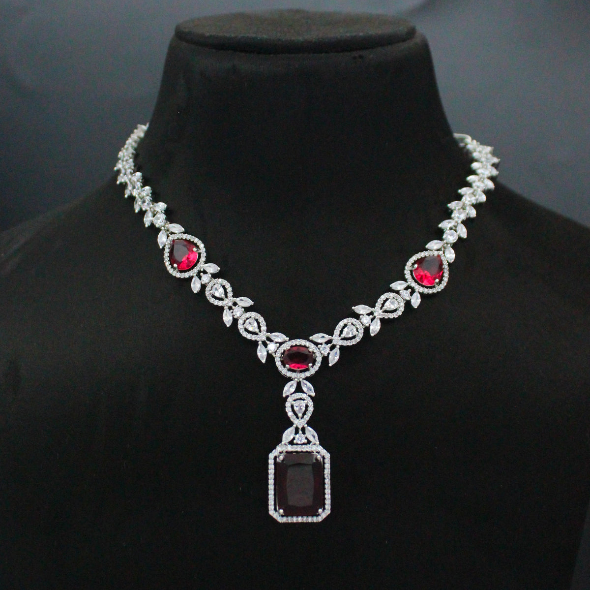Platinum Dark Ruby Fancy Short Necklace Set With Push Back Earrings 28932
