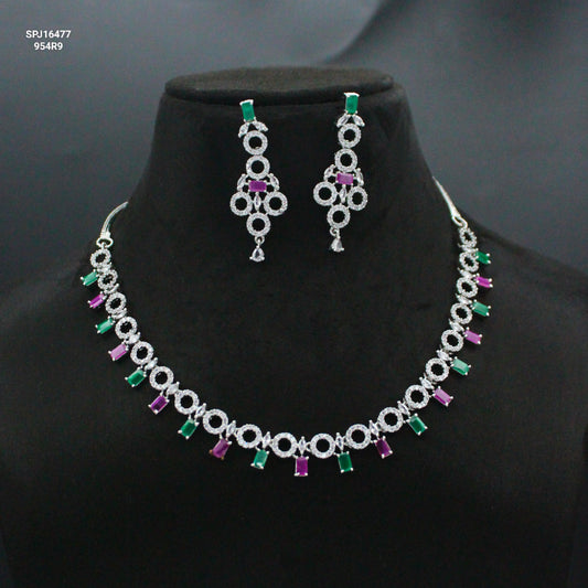 Platinum Multicolour Single-Line Short Necklace Set with Pushback Earrings SP-16478