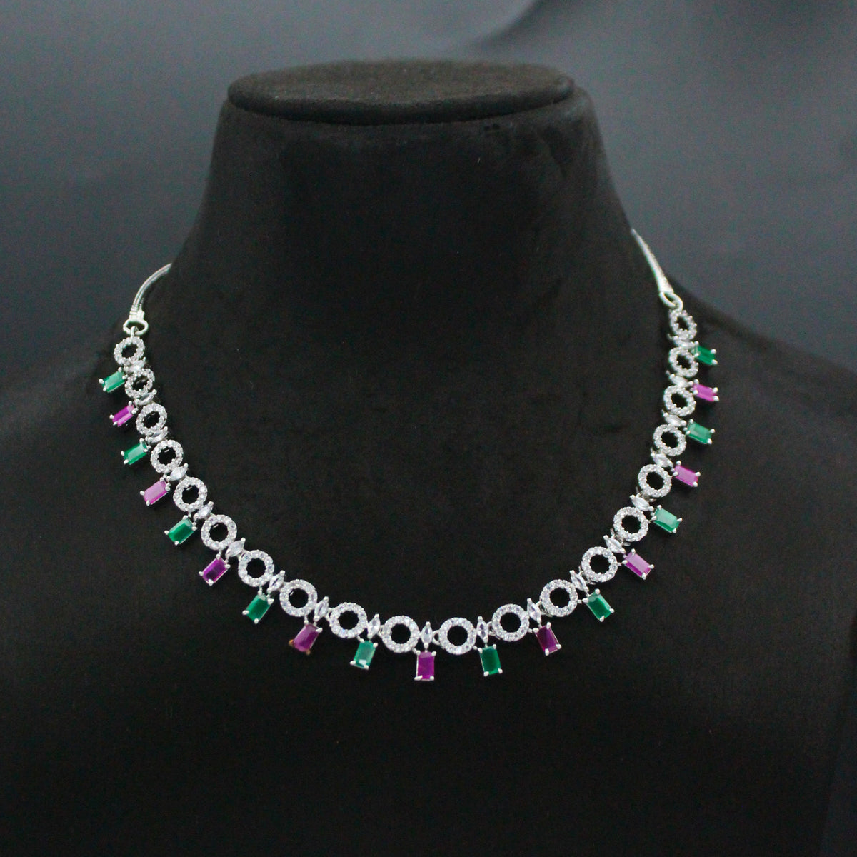 Platinum Multicolour Single-Line Short Necklace Set with Pushback Earrings SP-16478