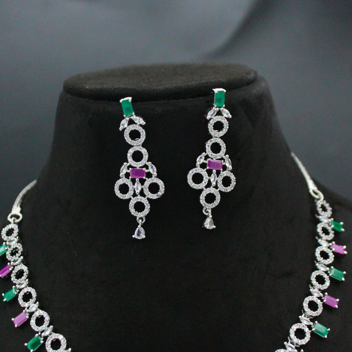 Platinum Multicolour Single-Line Short Necklace Set with Pushback Earrings SP-16478