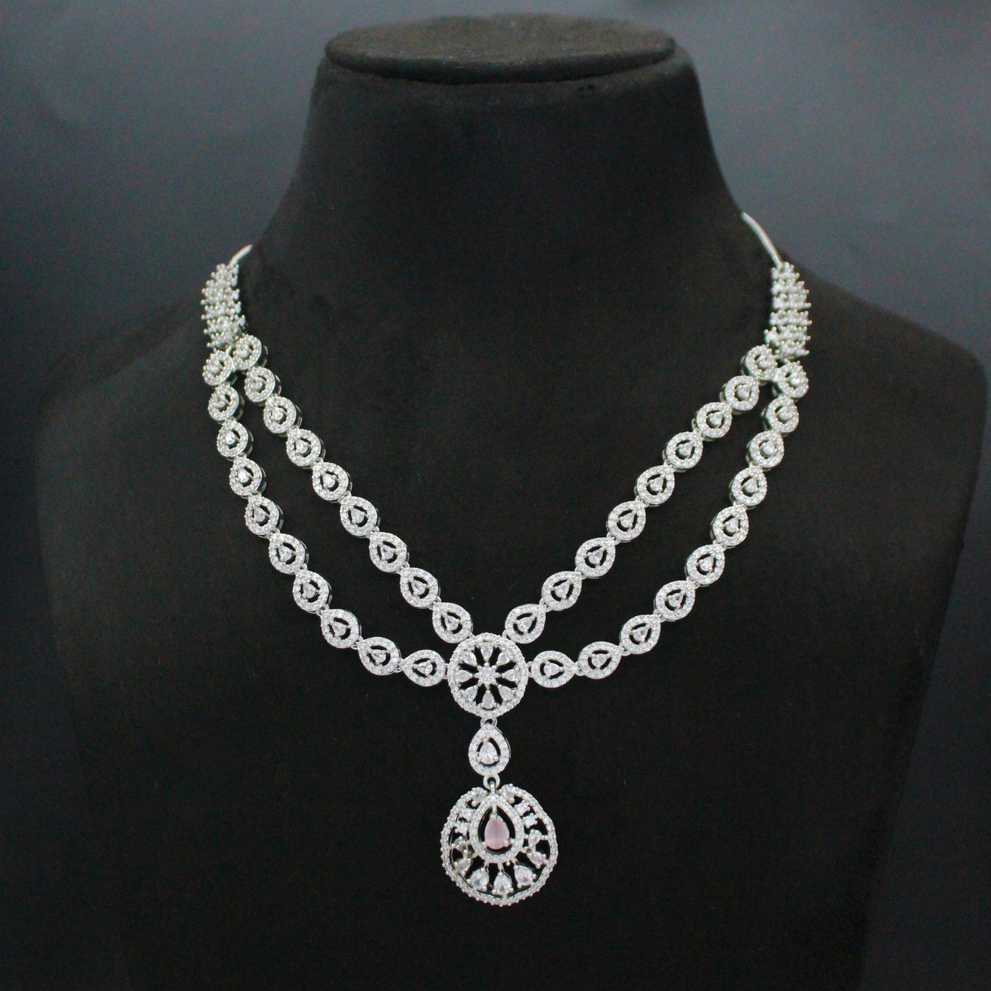 Platinum Mint Pink Short Necklace Set with Pushback Earrings SP-38865