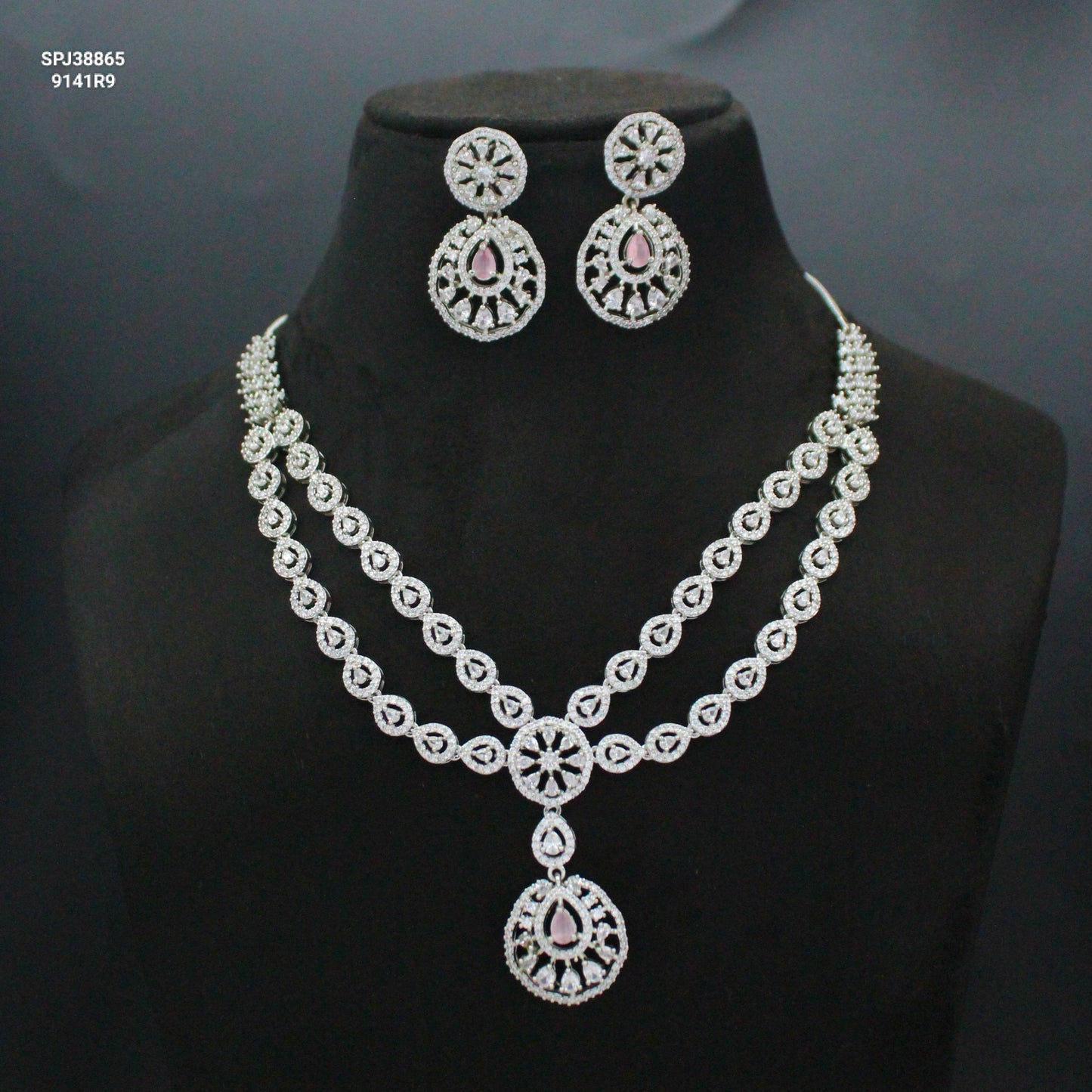 Platinum Mint Pink Short Necklace Set with Pushback Earrings SP-38865