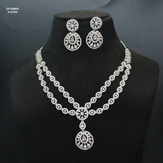 Platinum Mint Pink Short Necklace Set with Pushback Earrings SP-38865