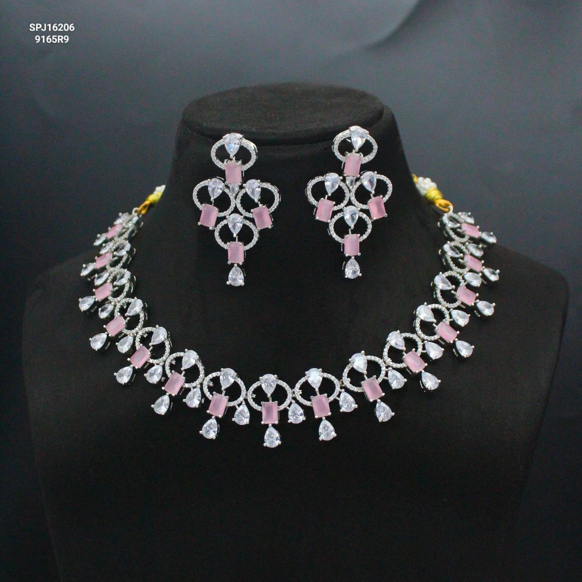 Platinum Mint Pink Fancy Necklace Set with Pushback Earrings & Maang Tikka SP-16206