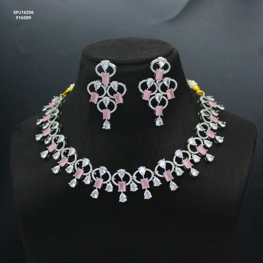 Platinum Mint Pink Fancy Necklace Set with Pushback Earrings & Maang Tikka SP-16206