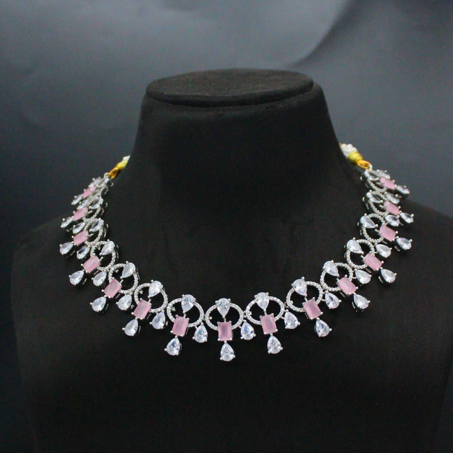 Platinum Mint Pink Fancy Necklace Set with Pushback Earrings & Maang Tikka SP-16206