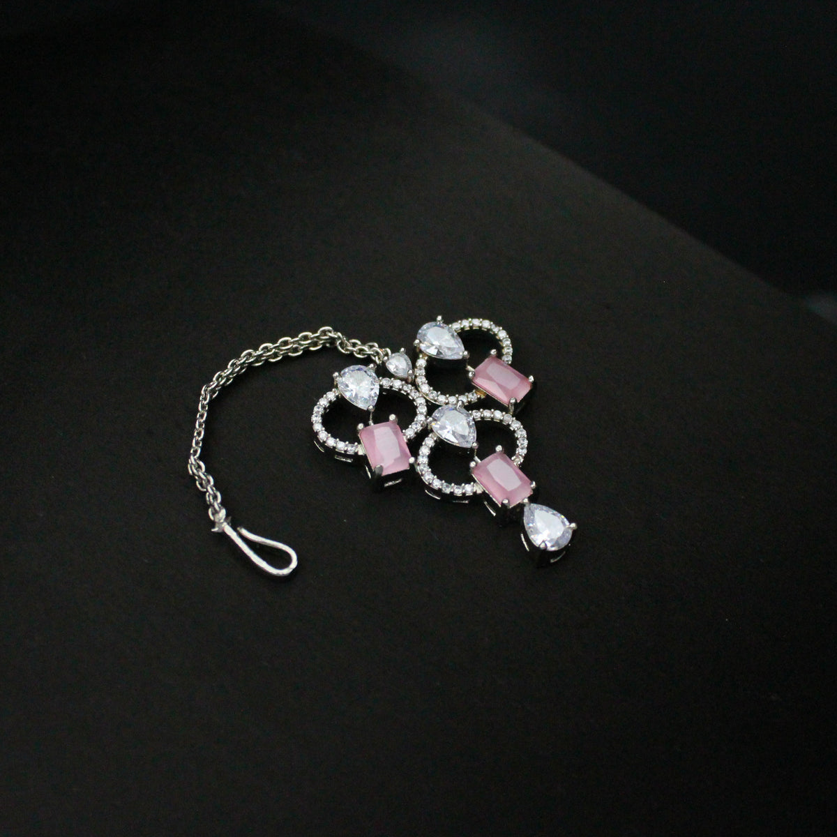Platinum Mint Pink Fancy Necklace Set with Pushback Earrings & Maang Tikka SP-16206