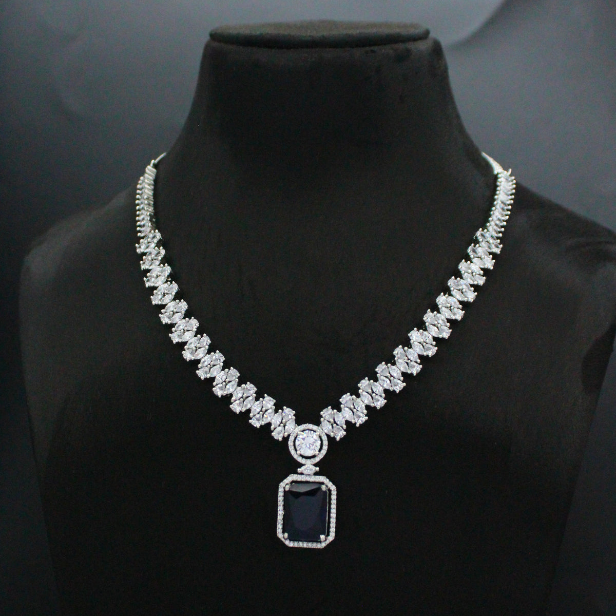 Platinum Blue Square Stone Short Necklace Set with Pushback Earrings SP-21925