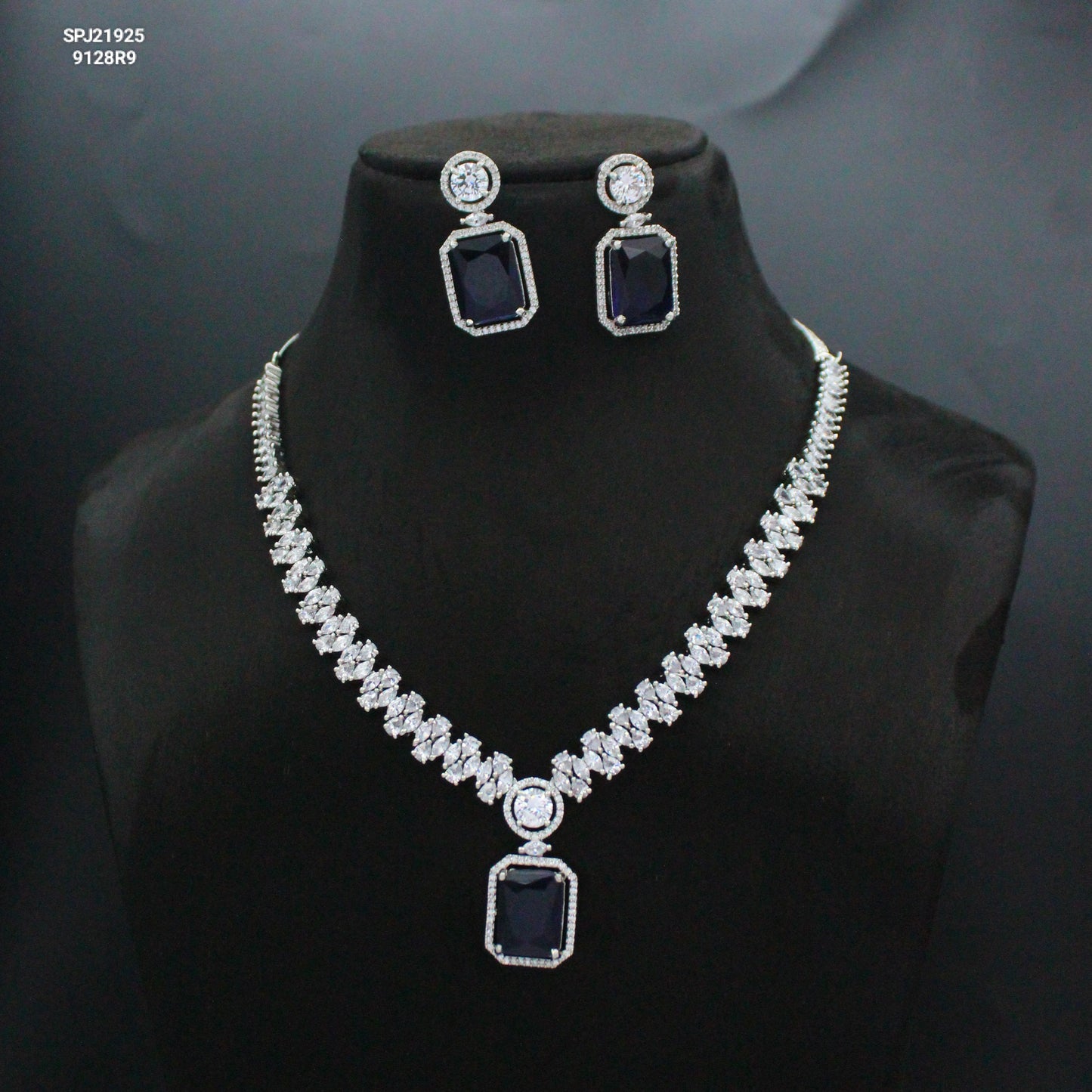 Platinum Blue Square Stone Short Necklace Set with Pushback Earrings SP-21925
