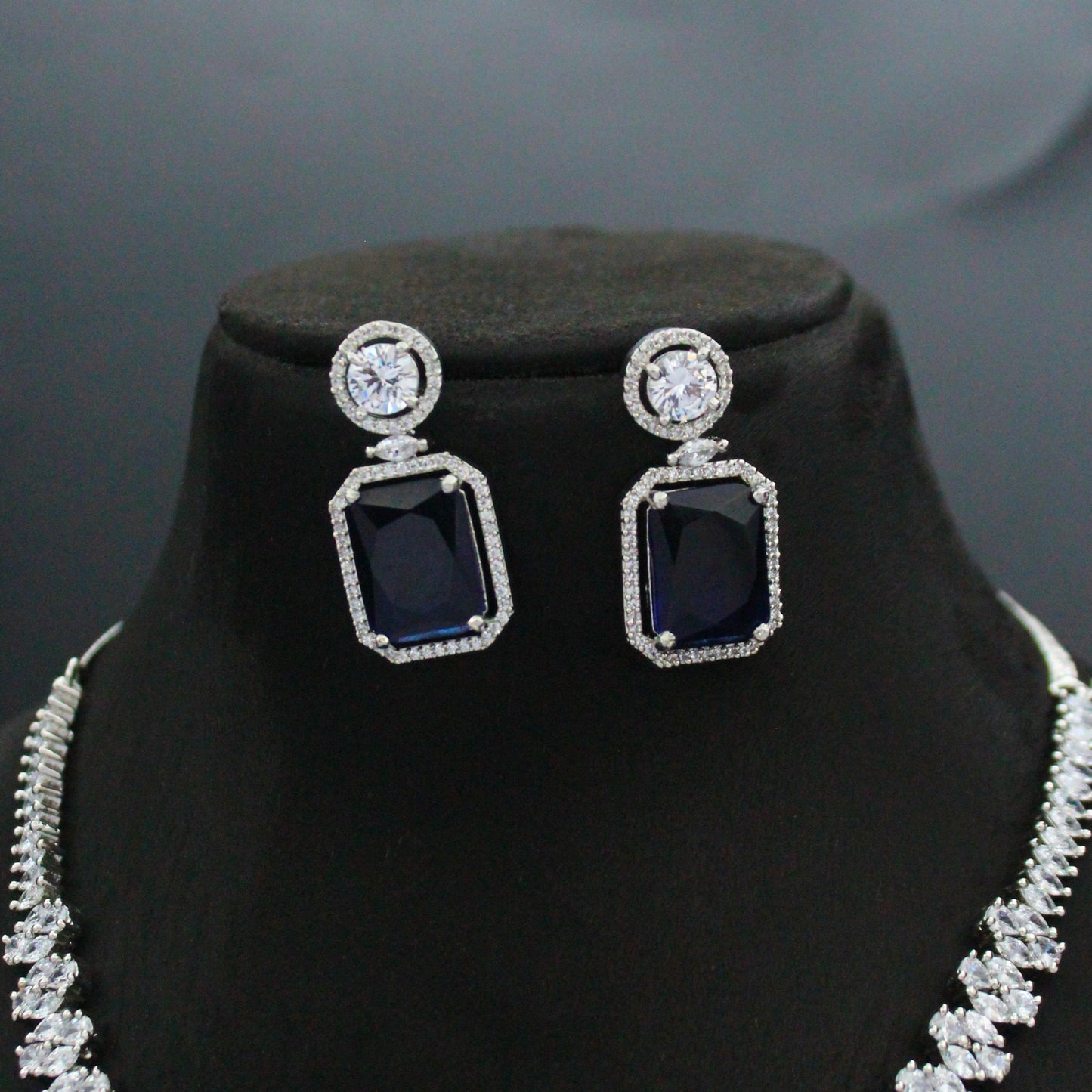 Platinum Blue Square Stone Short Necklace Set with Pushback Earrings SP-21925