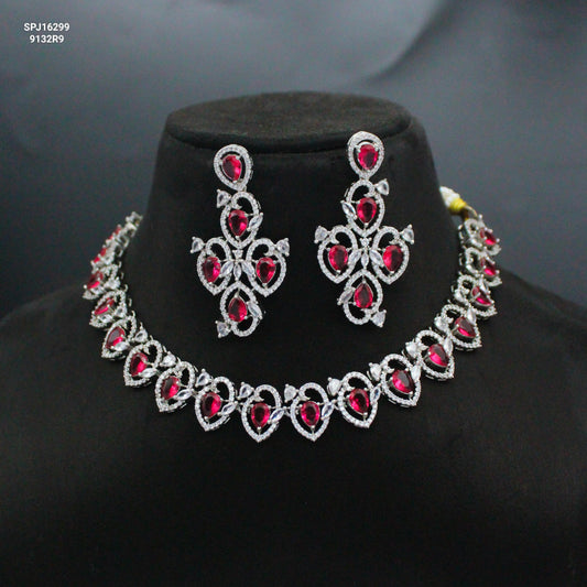Platinum Ruby Stone Short Necklace Set with Pushback Earrings & Maang Tikka SP-16299