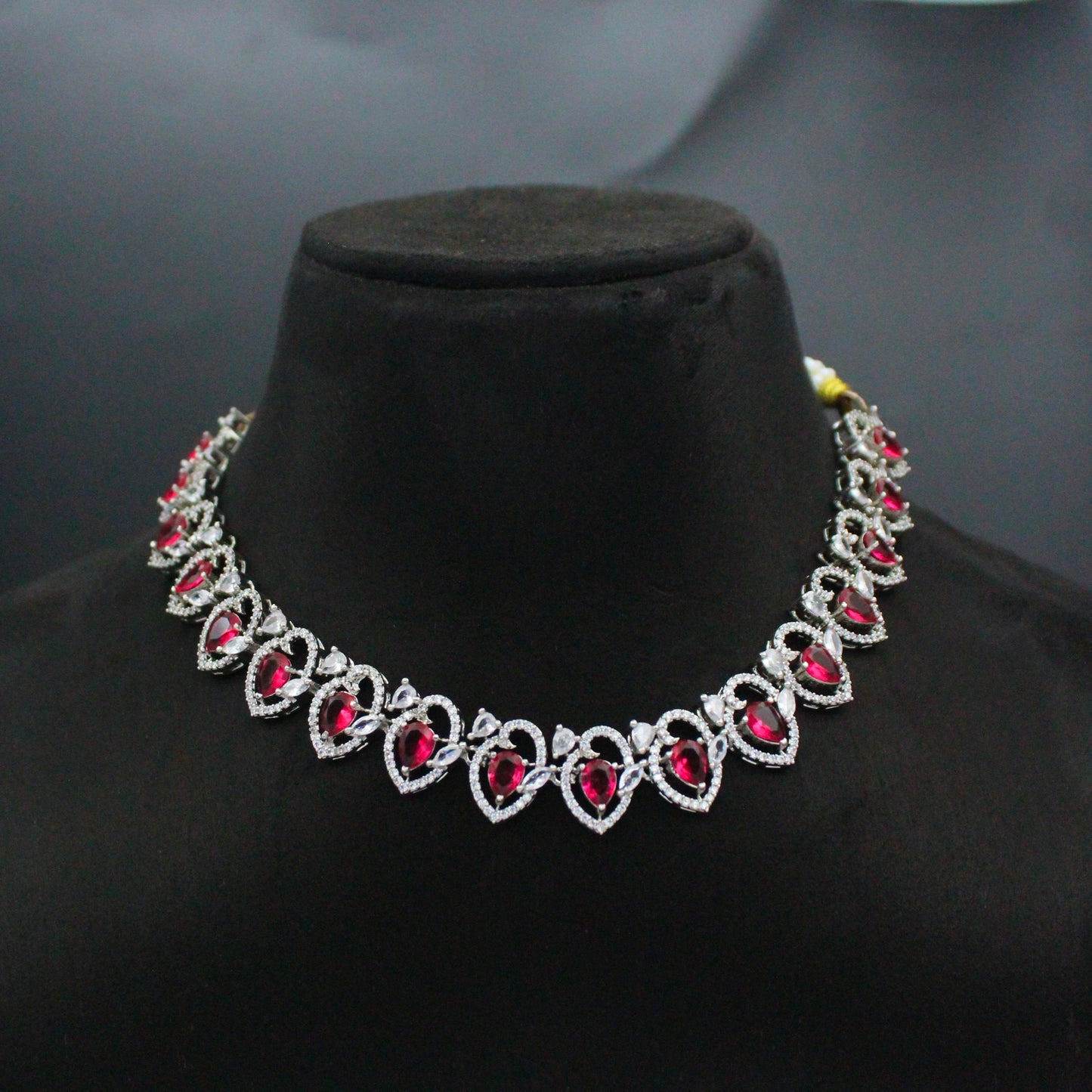 Platinum Ruby Stone Short Necklace Set with Pushback Earrings & Maang Tikka SP-16299