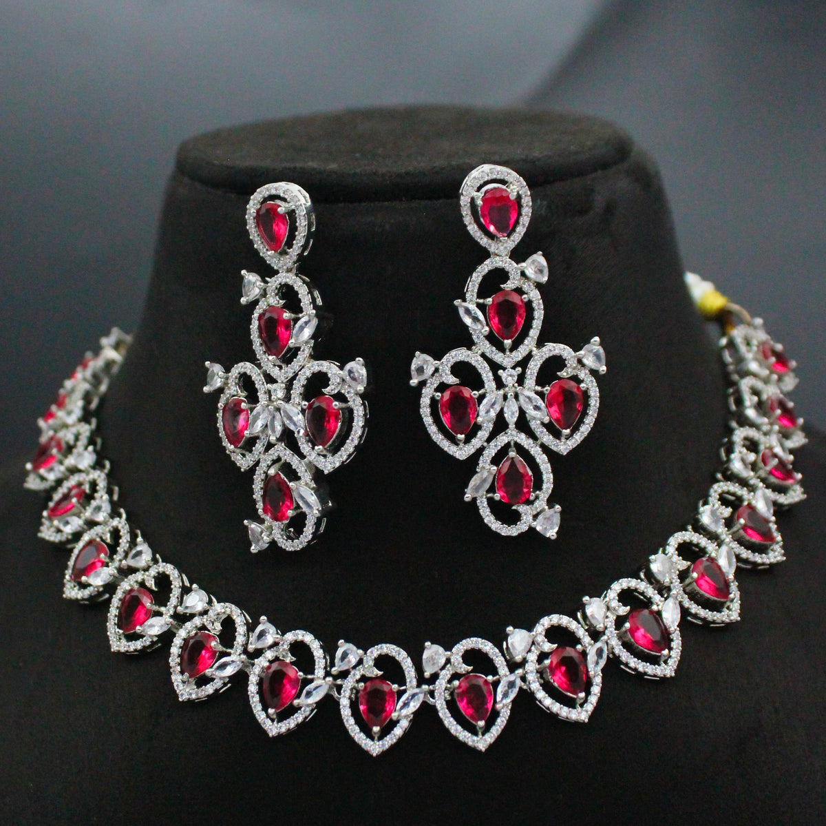 Platinum Ruby Stone Short Necklace Set with Pushback Earrings & Maang Tikka SP-16299