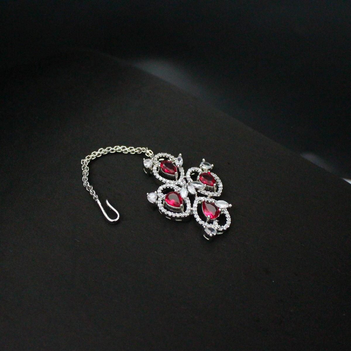 Platinum Ruby Stone Short Necklace Set with Pushback Earrings & Maang Tikka SP-16299