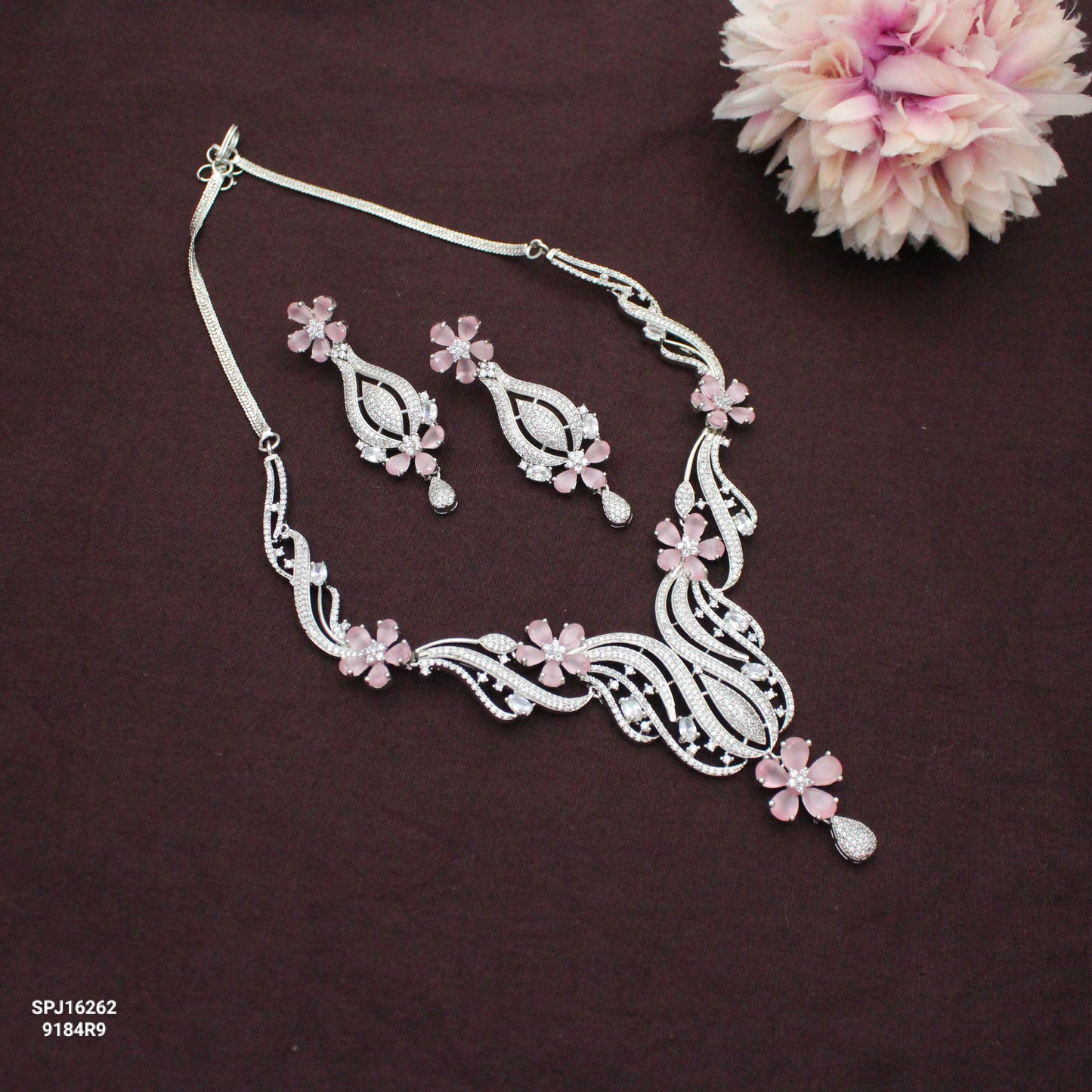 Platinum Short Necklace with Stone Hangings Red 37581