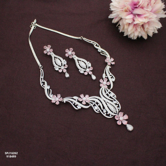Platinum Light Pink Floral Short Necklace Set with Pushback Earrings SP-16262