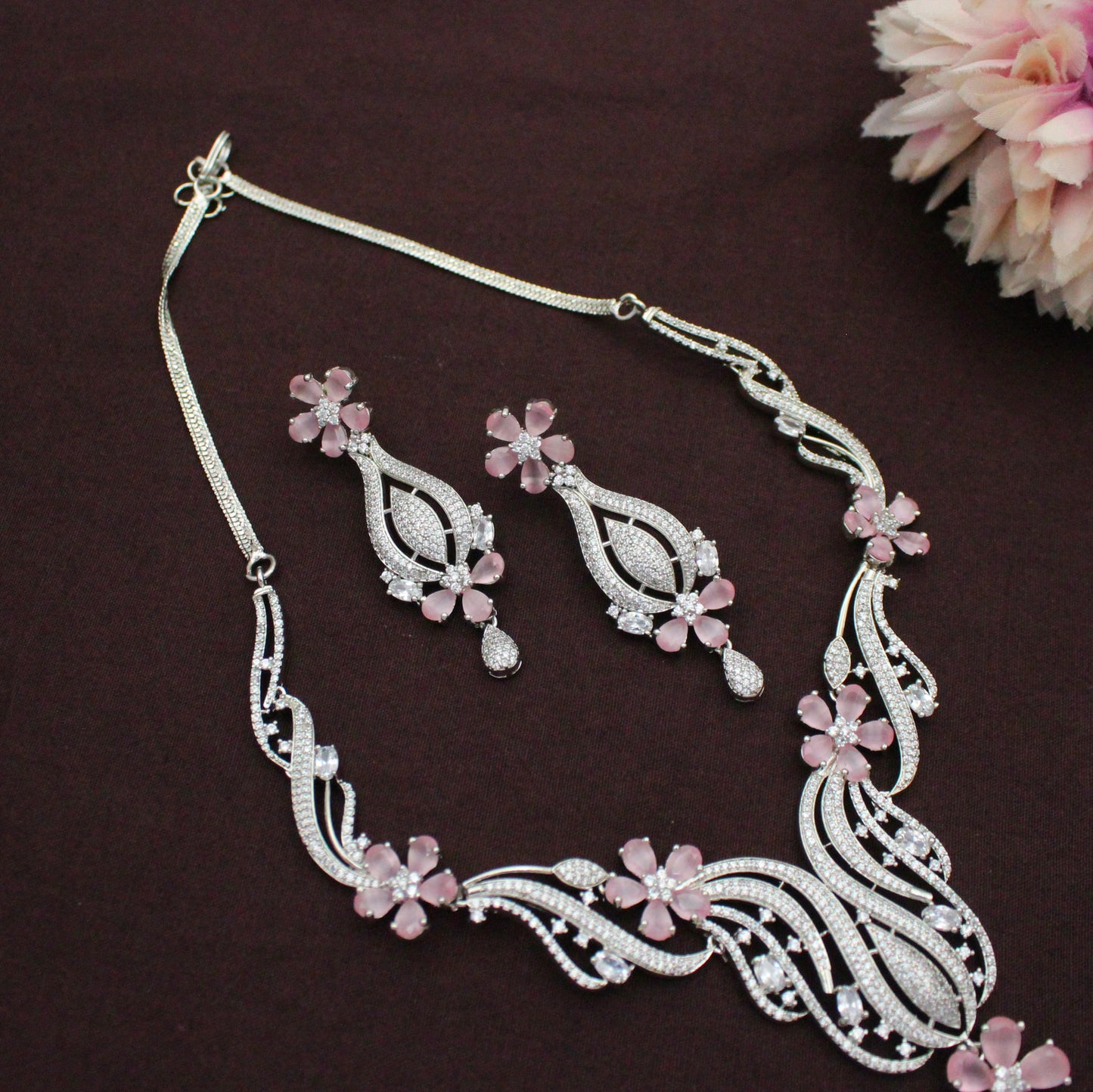 Platinum Light Pink Floral Short Necklace Set with Pushback Earrings SP-16262