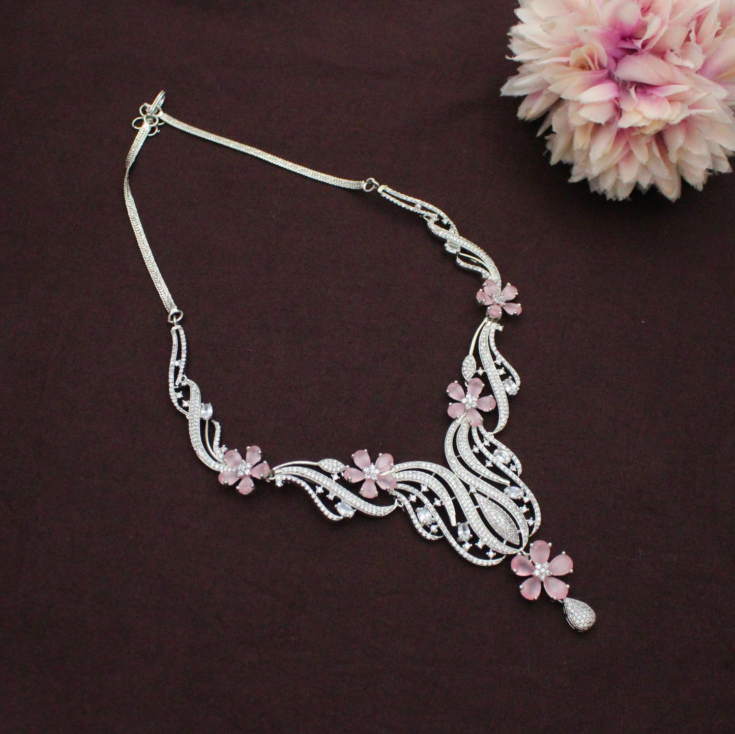 Platinum Light Pink Floral Short Necklace Set with Pushback Earrings SP-16262