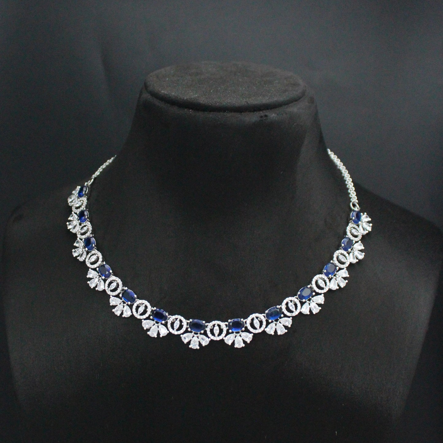 Platinum Dark Blue Fancy Short Necklace Set With Push Back Earrings 26898