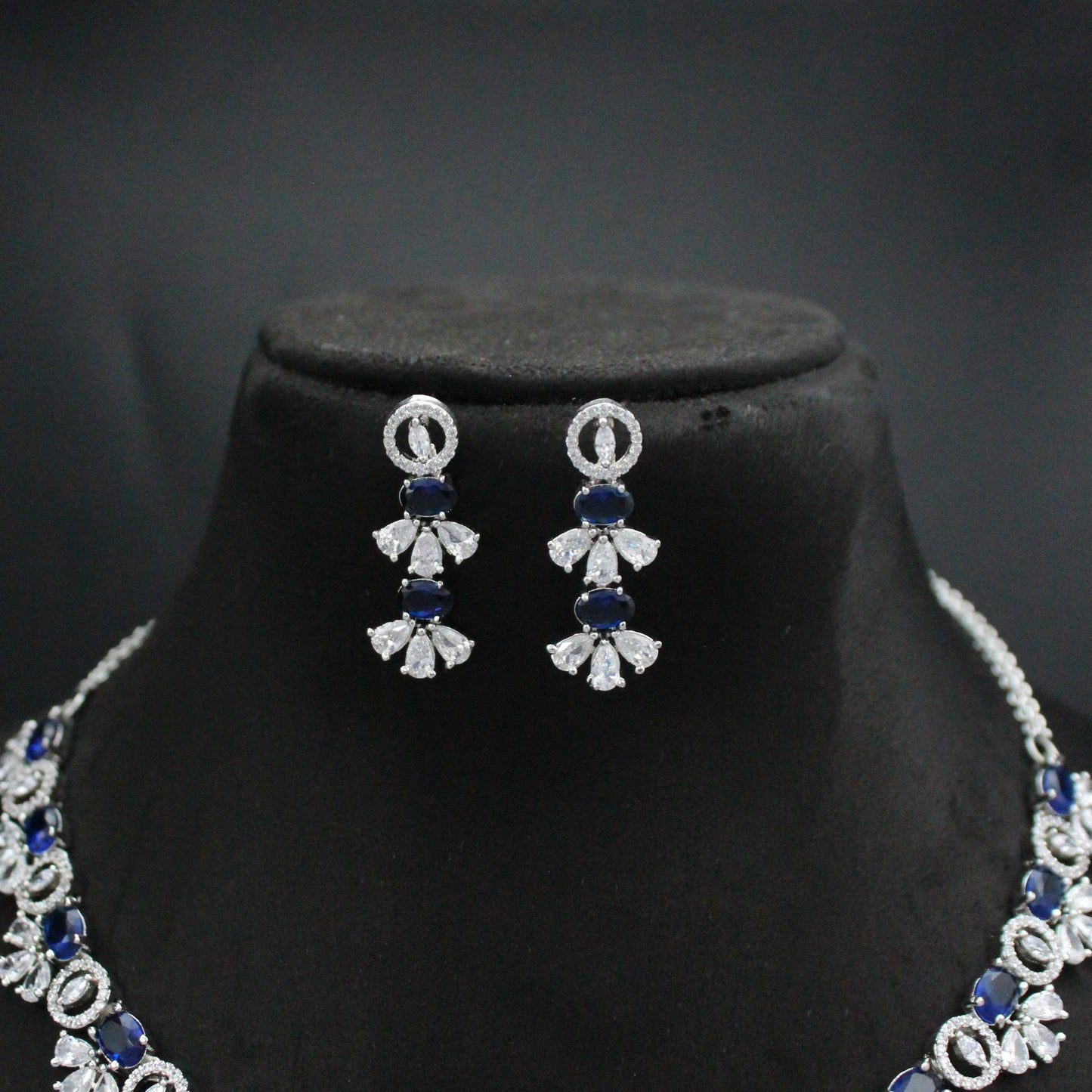 Platinum Dark Blue Fancy Short Necklace Set With Push Back Earrings 26898