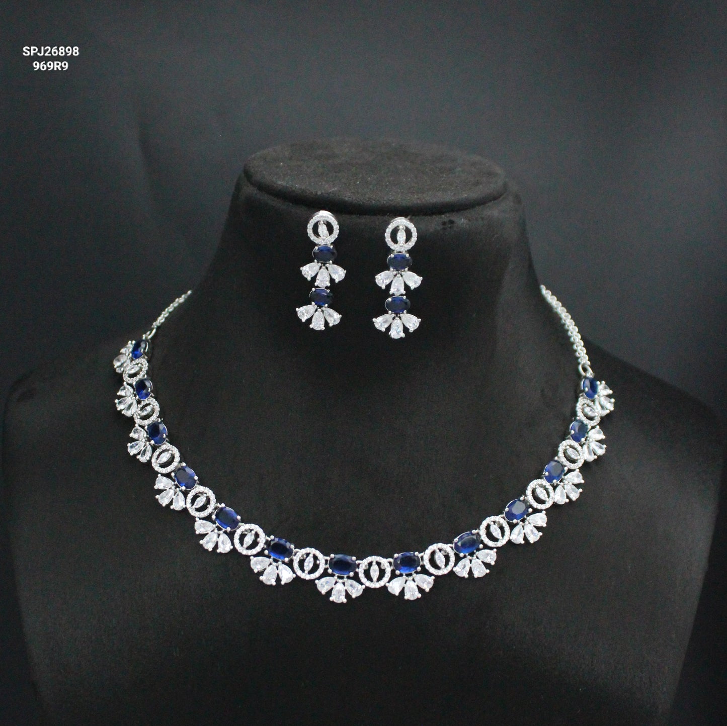 Platinum Dark Blue Fancy Short Necklace Set With Push Back Earrings 26898