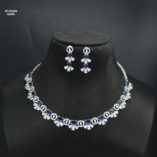 Platinum Dark Blue Fancy Short Necklace Set With Push Back Earrings 26898