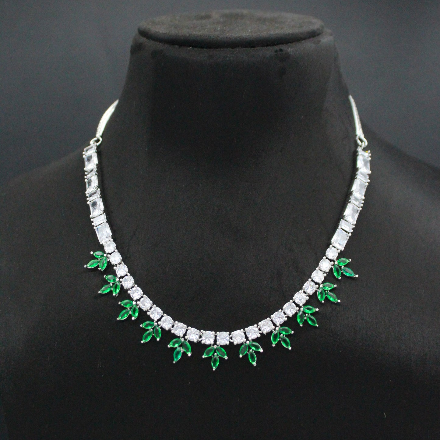 Platinum Leaf AD Green Stone Necklace Set SP-8966
