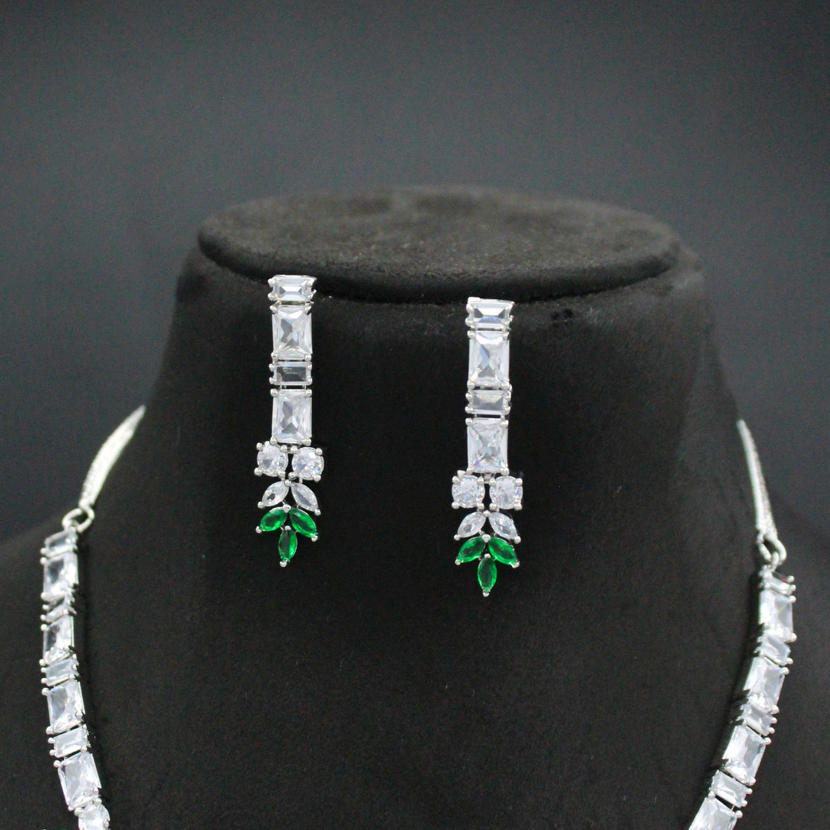 Platinum Leaf AD Green Stone Necklace Set SP-8966