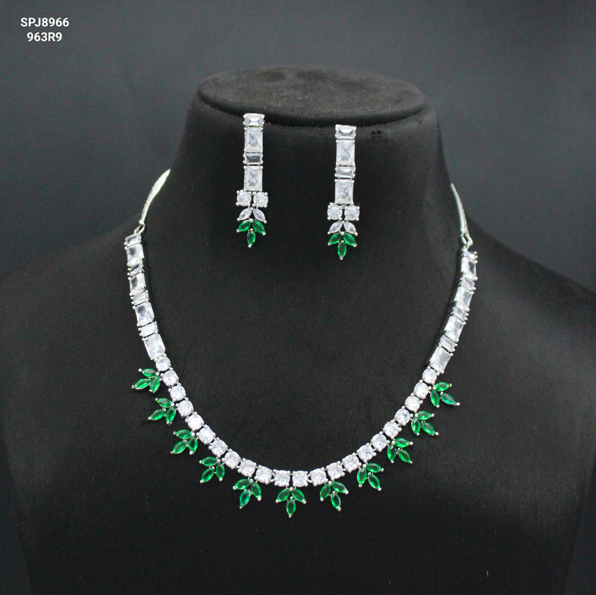 Platinum Leaf AD Green Stone Necklace Set SP-8966